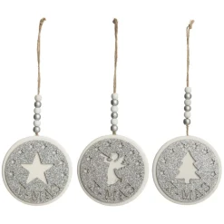 Silver Glitter Wooden Hanging Decorations with Christmas Cut Outs - Set of 3 Christmas Tree Decorations|