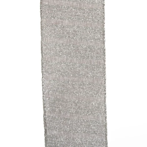 Silver Grey Glitter and Linen Striped Wired Ribbon - 6.5cm Ribbons|