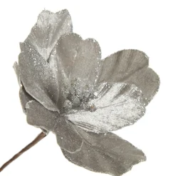 Silver Satin Magnolia Flower Stem with Glitter Trim Christmas Flowers|