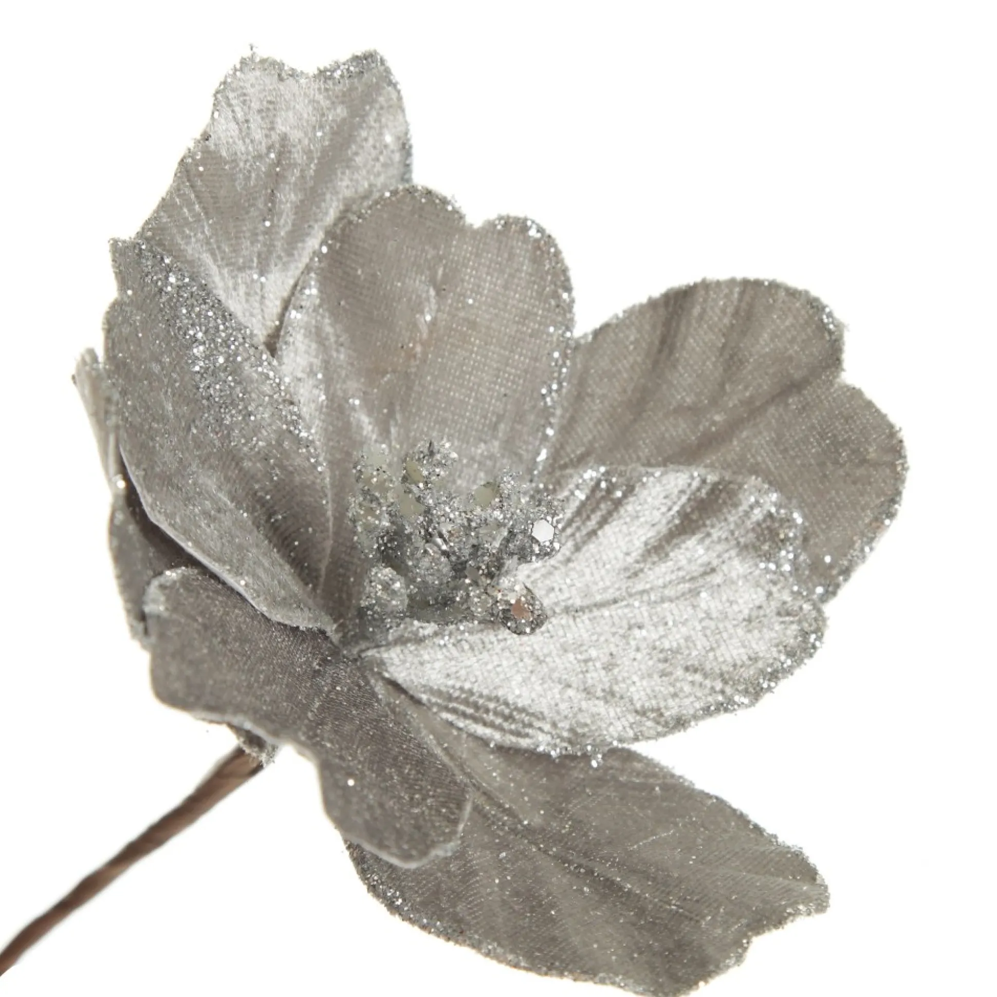 Silver Satin Magnolia Flower Stem with Glitter Trim Christmas Flowers|