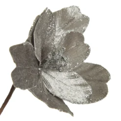Silver Satin Magnolia Flower Stem with Glitter Trim Christmas Flowers|