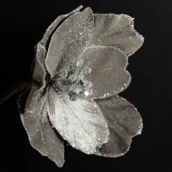 Silver Satin Magnolia Flower Stem with Glitter Trim Christmas Flowers|