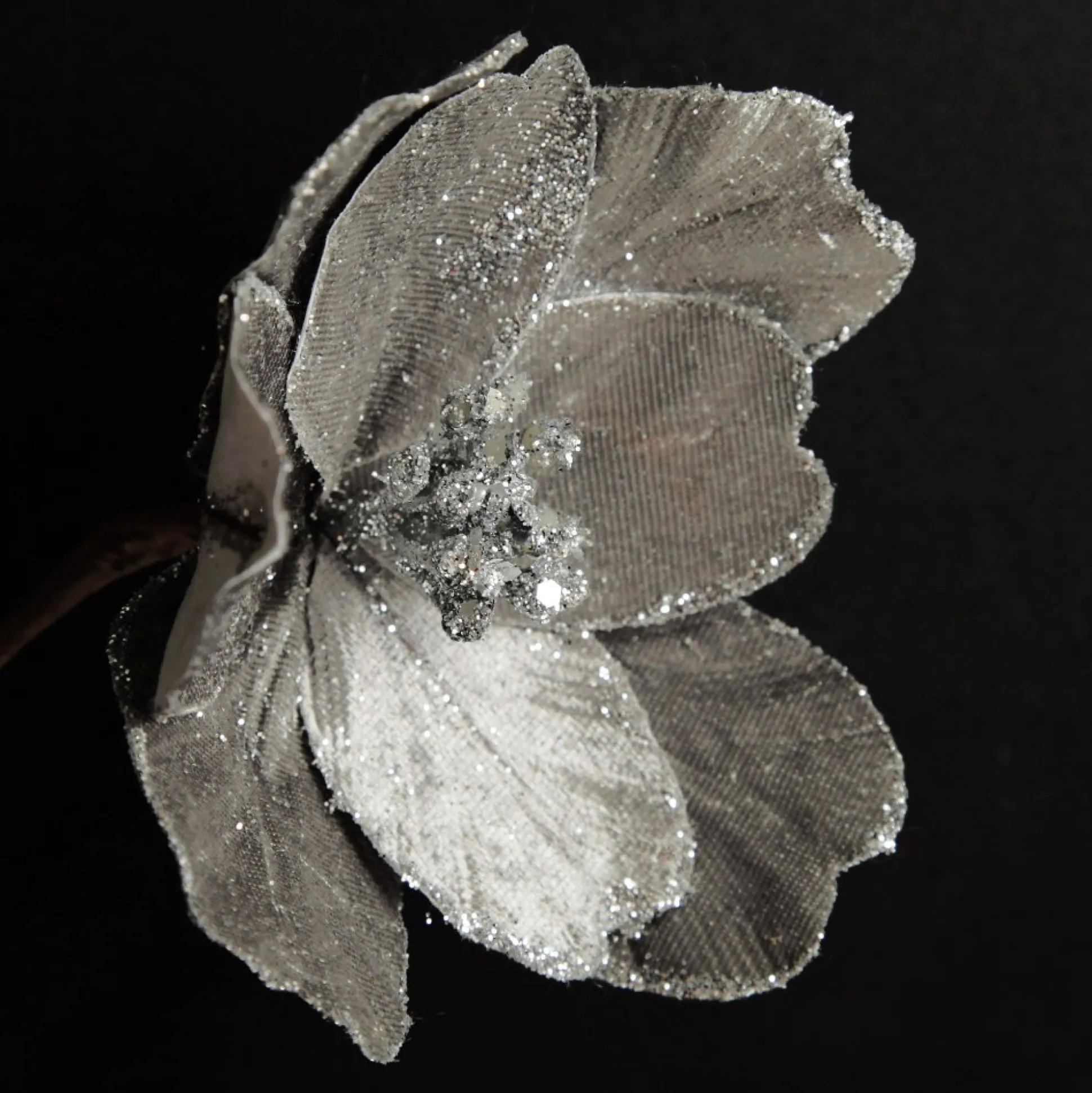 Silver Satin Magnolia Flower Stem with Glitter Trim Christmas Flowers|