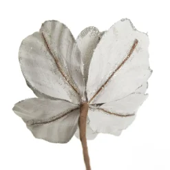 Silver Satin Magnolia Flower Stem with Glitter Trim Christmas Flowers|