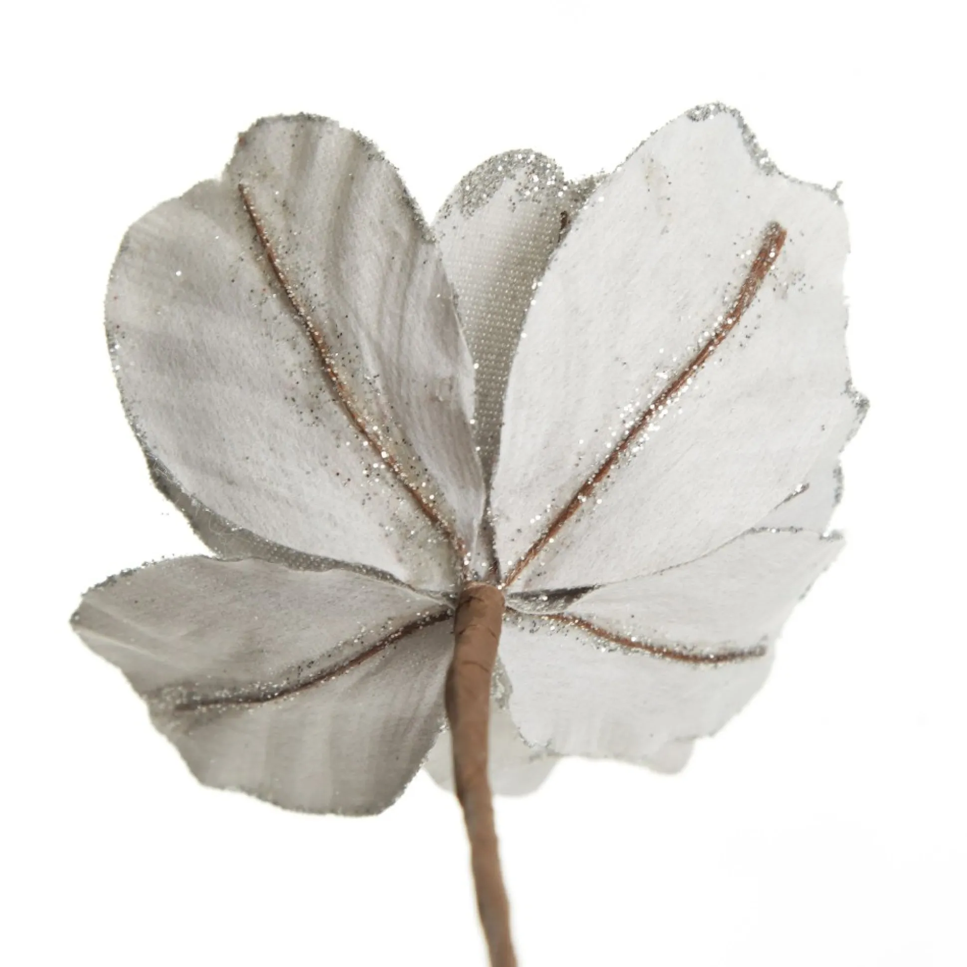 Silver Satin Magnolia Flower Stem with Glitter Trim Christmas Flowers|