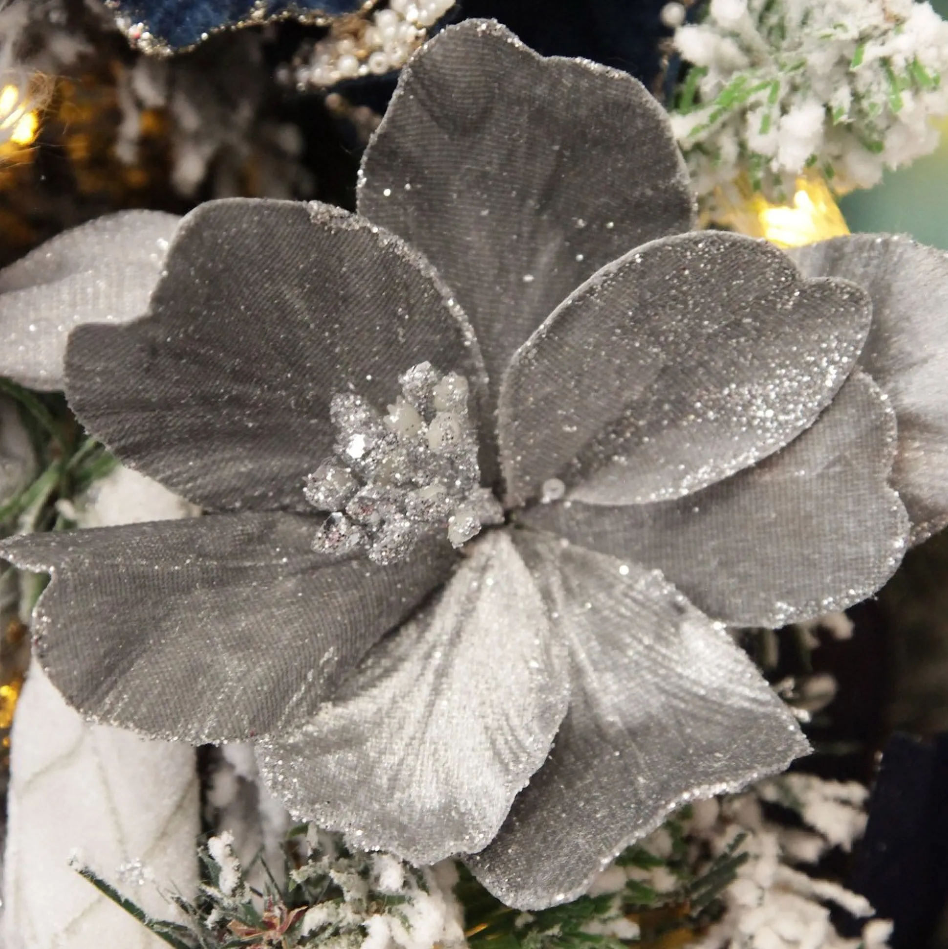 Silver Satin Magnolia Flower Stem with Glitter Trim Christmas Flowers|
