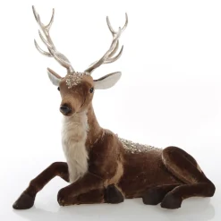 Sitting Velvet Chocolate Deer with Fur and Jewels Christmas Birds And Animals|