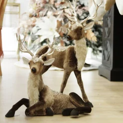 Sitting Velvet Chocolate Deer with Fur and Jewels Christmas Birds And Animals|