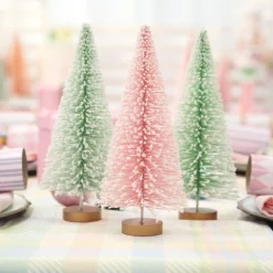 Small Pink and Mint Snowy Bottle Brush Tree - Set of 2 Table Top Christmas Trees|