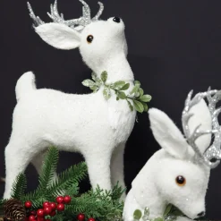 Small White Sisal Standing Deer with Silver Glitter Antlers Christmas Birds And Animals|
