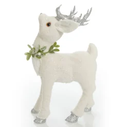 Small White Sisal Standing Deer with Silver Glitter Antlers Christmas Birds And Animals|