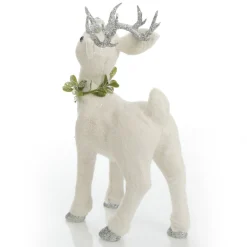 Small White Sisal Standing Deer with Silver Glitter Antlers Christmas Birds And Animals|