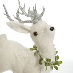 Small White Sisal Standing Deer with Silver Glitter Antlers Christmas Birds And Animals|