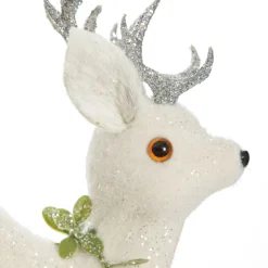 Small White Sisal Standing Deer with Silver Glitter Antlers Christmas Birds And Animals|