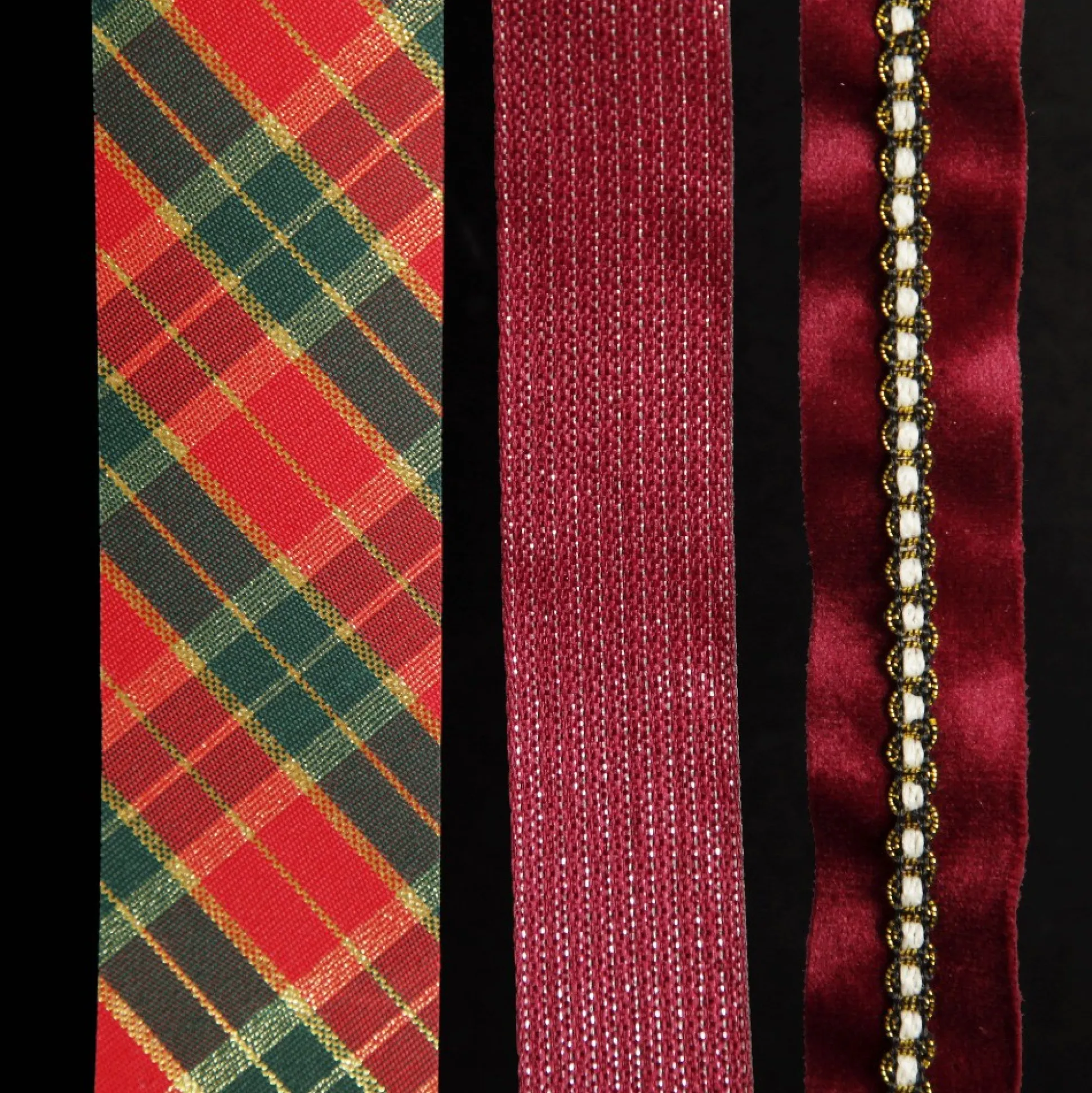 Three Assorted Burgundy Tartan and Braid Christmas Ribbons Ribbons|