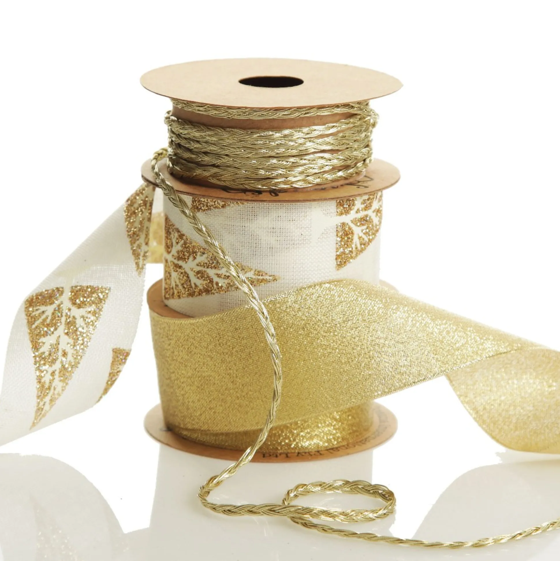 Three Assorted Ivory and Champagne Braid and Glitter Christmas Ribbons Ribbons|