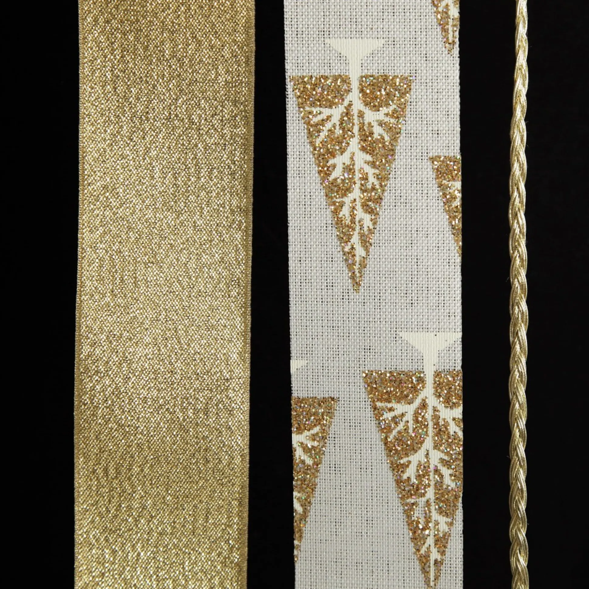 Three Assorted Ivory and Champagne Braid and Glitter Christmas Ribbons Ribbons|