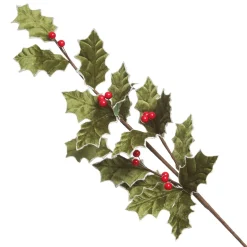 Traditional Green Velvet Holly Leaf Christmas Spray with Red Berries Christmas Sprays|