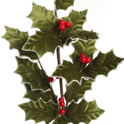 Traditional Green Velvet Holly Leaf Christmas Spray with Red Berries Christmas Sprays|