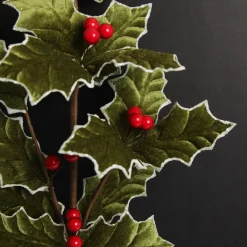Traditional Green Velvet Holly Leaf Christmas Spray with Red Berries Christmas Sprays|
