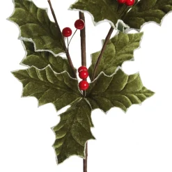 Traditional Green Velvet Holly Leaf Christmas Spray with Red Berries Christmas Sprays|