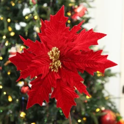 Traditional Red Velvet Poinsettia Flower Stem Christmas Flowers|