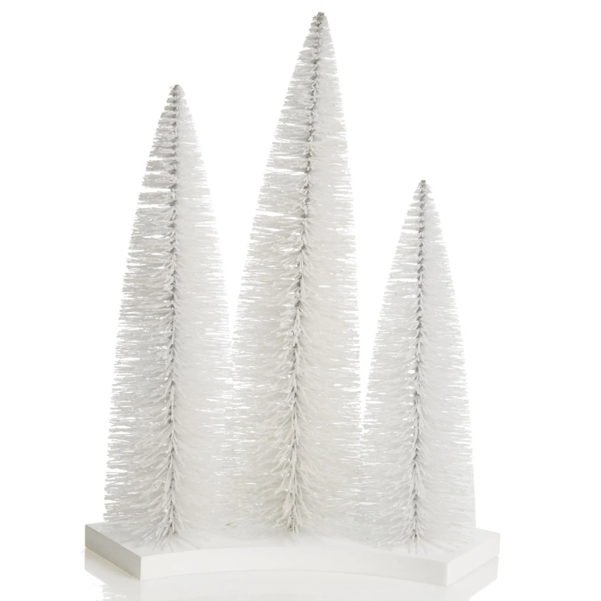 Trio of White Table Top Christmas Trees on Wooden Base Table Top Christmas Trees|