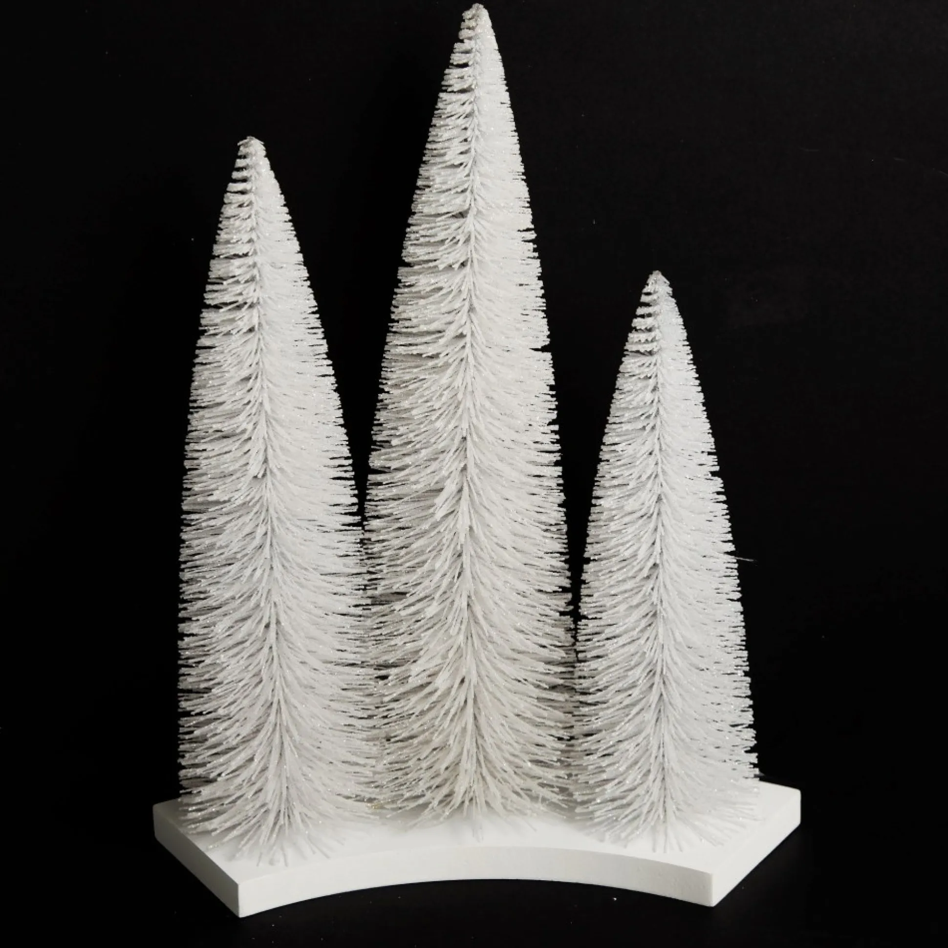 Trio of White Table Top Christmas Trees on Wooden Base Table Top Christmas Trees|