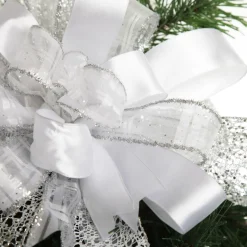 White and Silver Glitter Deluxe Tree Topper Bow with Streamers Tree Toppers|