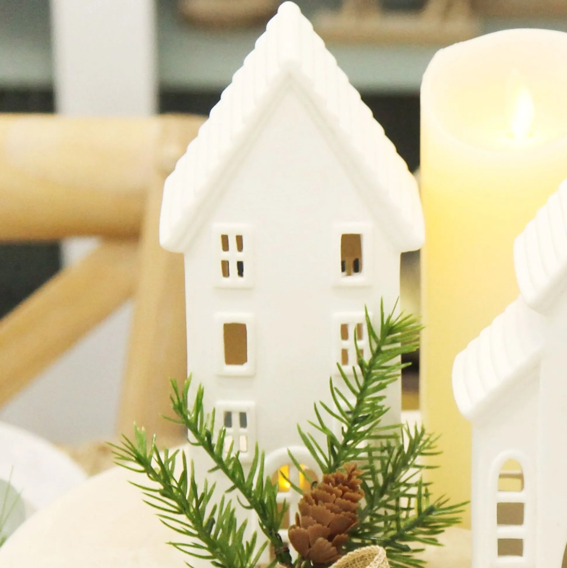 White Christmas Village House Candle Holder Light-Up Scenes And Ornaments|