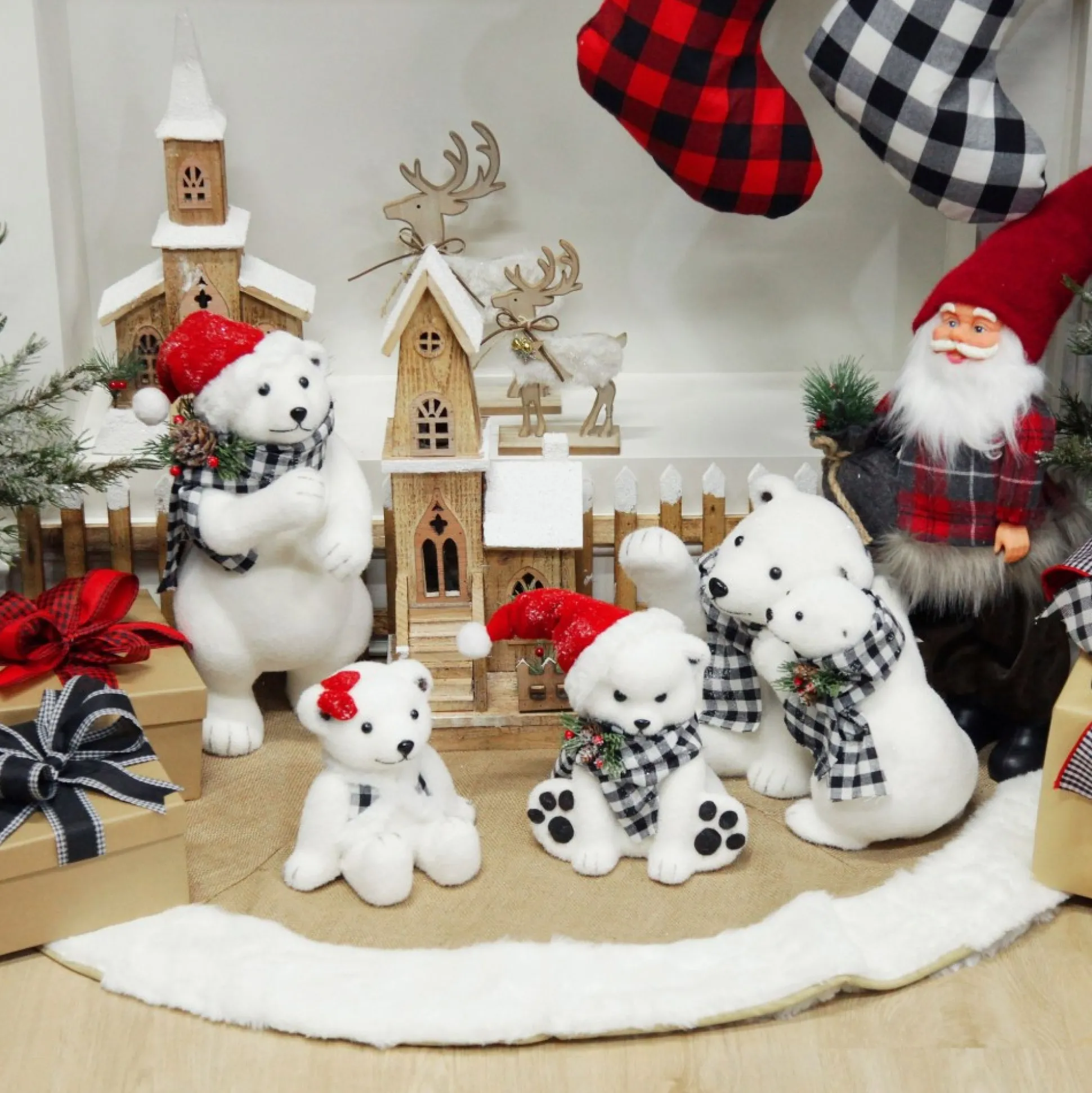 White Girl Polar Bear Cub Sitting with Red Bow Christmas Birds And Animals|