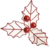 White Glitter Holly Leaf Stem with Red Tinsel Trim Christmas Flowers|