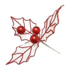 White Glitter Holly Leaf Stem with Red Tinsel Trim Christmas Flowers|