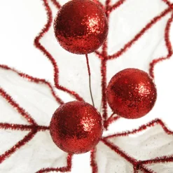 White Glitter Holly Leaf Stem with Red Tinsel Trim Christmas Flowers|