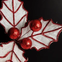 White Glitter Holly Leaf Stem with Red Tinsel Trim Christmas Flowers|
