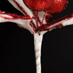 White Glitter Holly Leaf Stem with Red Tinsel Trim Christmas Flowers|
