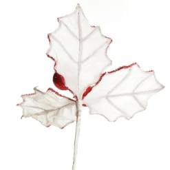 White Glitter Holly Leaf Stem with Red Tinsel Trim Christmas Flowers|