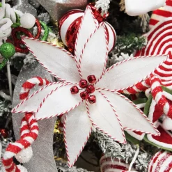 White Glitter Poinsetta Flower Clip with Twine Trim and Bells Christmas Flowers|
