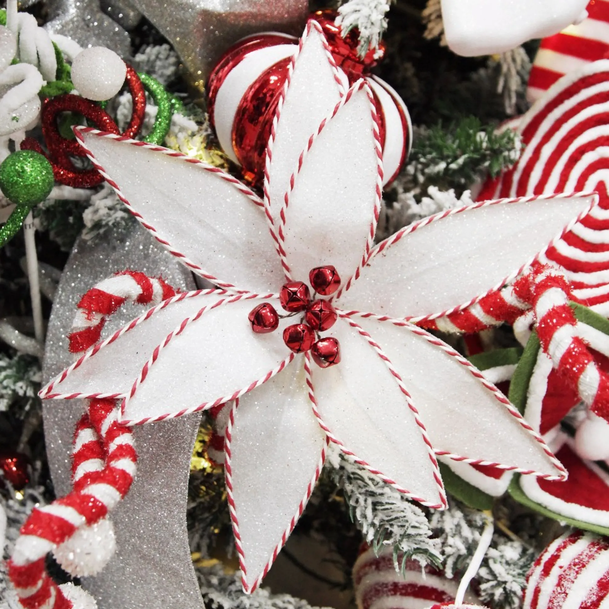 White Glitter Poinsetta Flower Clip with Twine Trim and Bells Christmas Flowers|