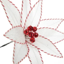 White Glitter Poinsetta Flower Clip with Twine Trim and Bells Christmas Flowers|