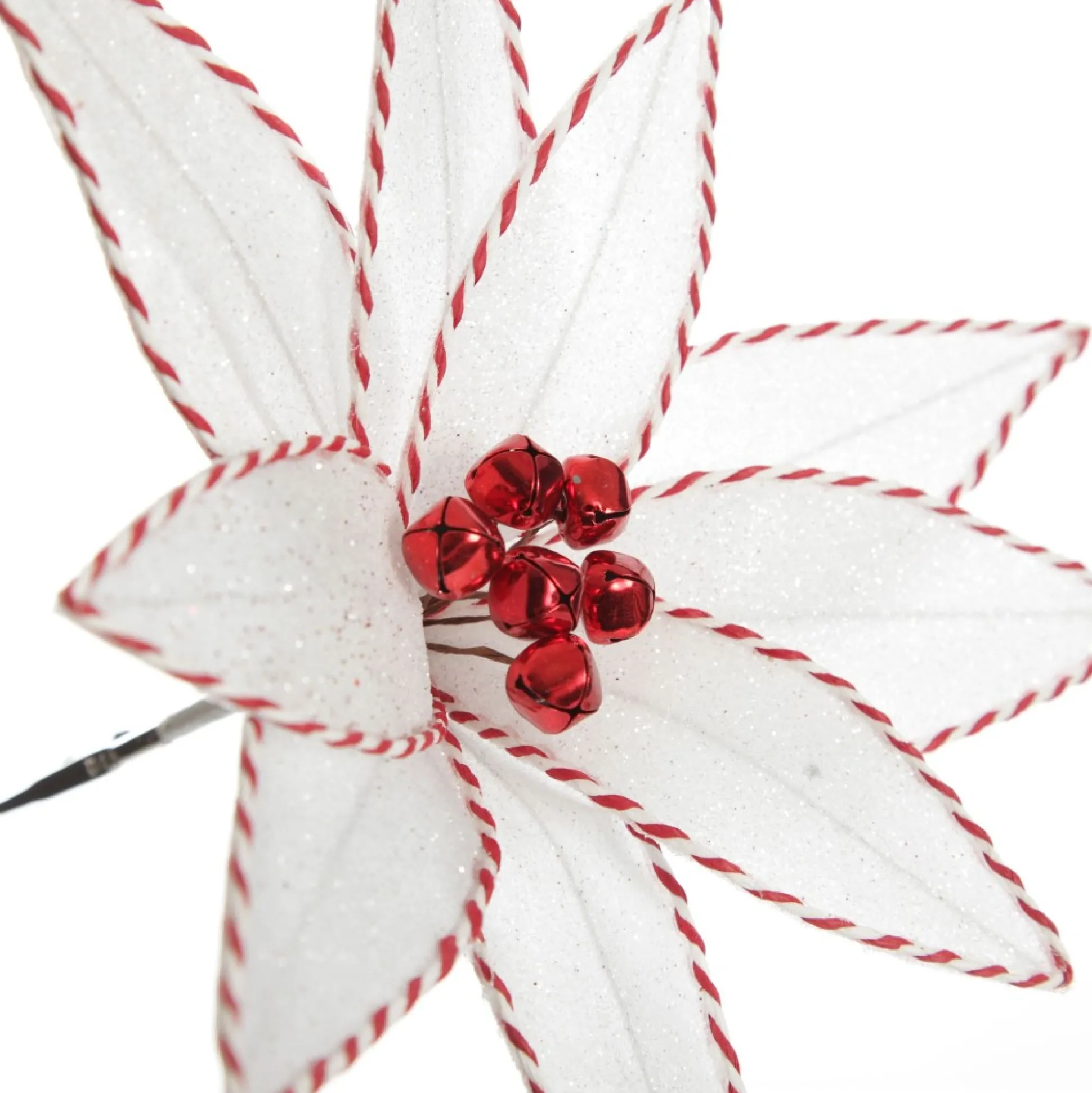 White Glitter Poinsetta Flower Clip with Twine Trim and Bells Christmas Flowers|