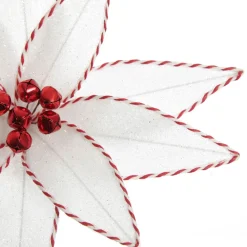 White Glitter Poinsetta Flower Clip with Twine Trim and Bells Christmas Flowers|