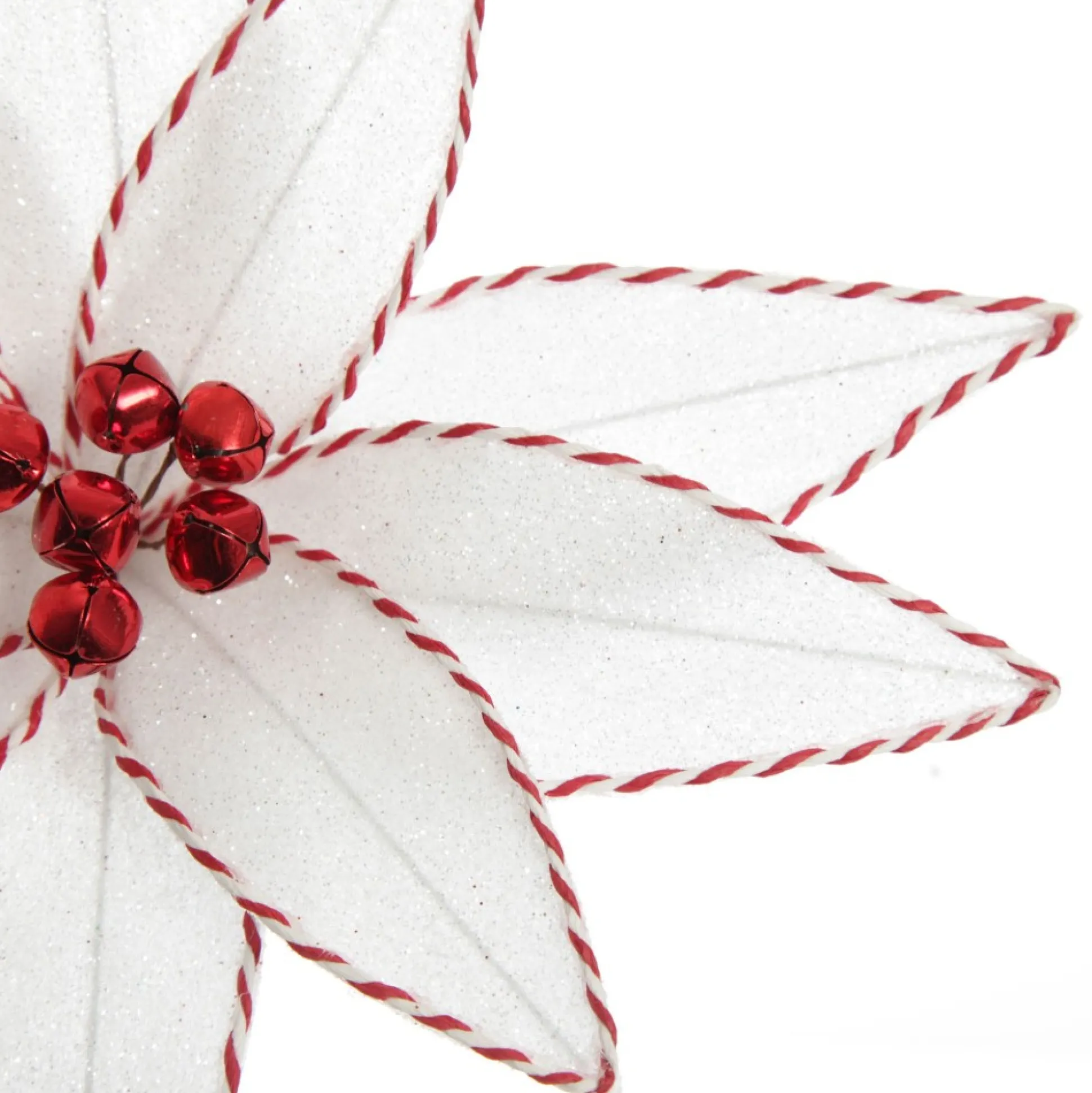White Glitter Poinsetta Flower Clip with Twine Trim and Bells Christmas Flowers|
