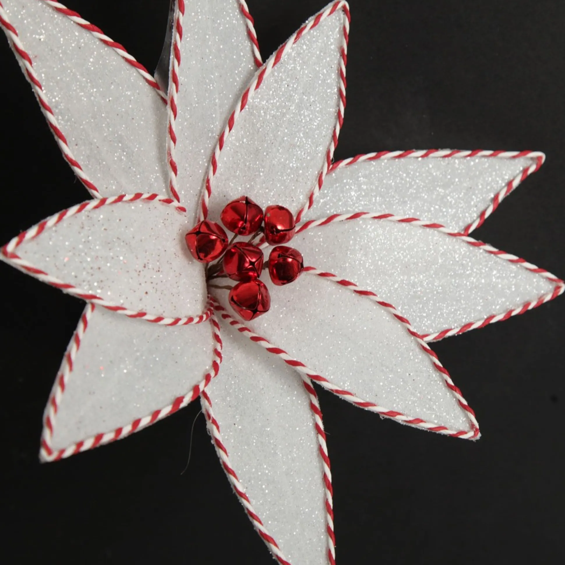 White Glitter Poinsetta Flower Clip with Twine Trim and Bells Christmas Flowers|