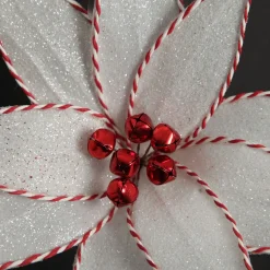 White Glitter Poinsetta Flower Clip with Twine Trim and Bells Christmas Flowers|