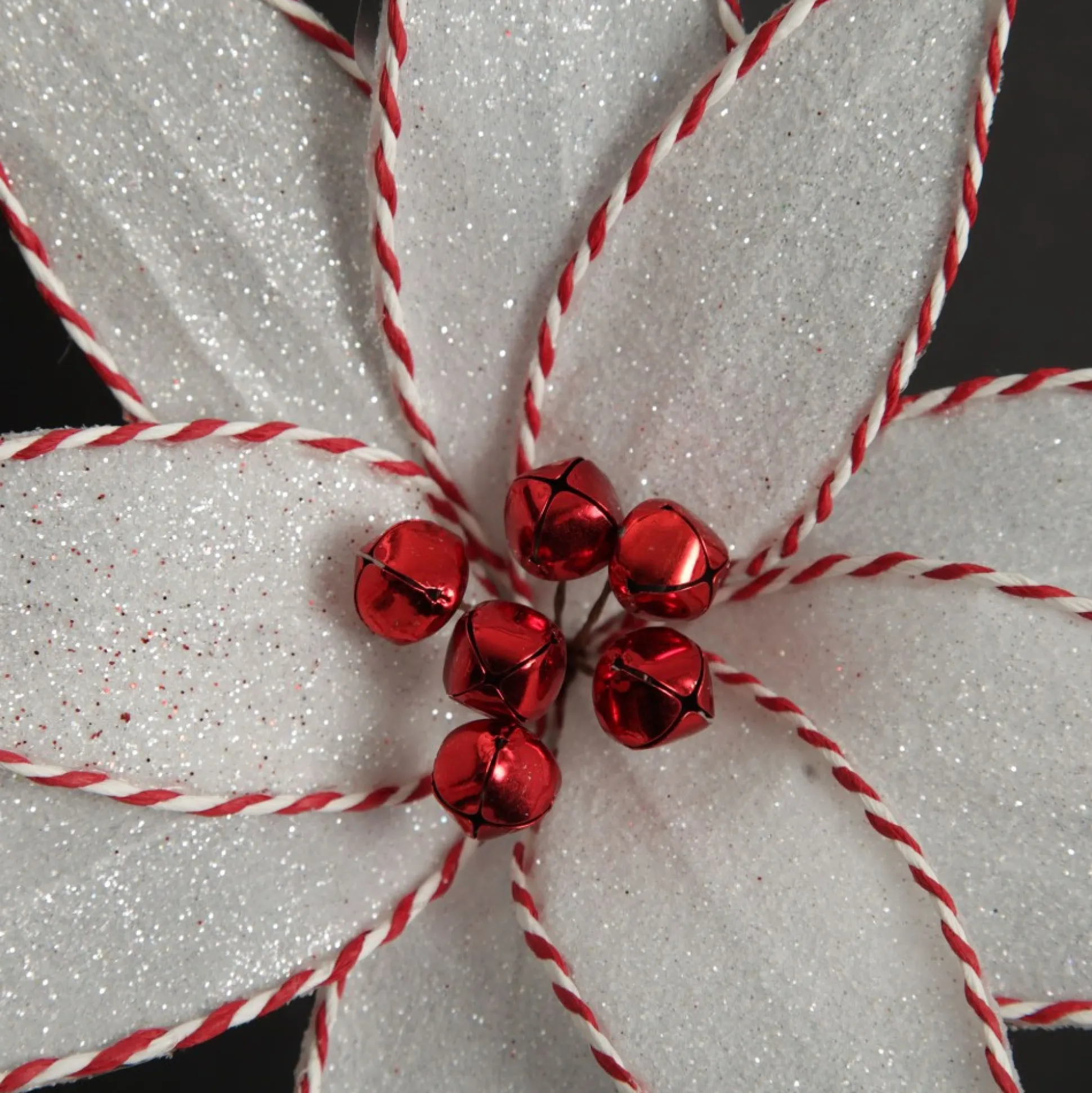 White Glitter Poinsetta Flower Clip with Twine Trim and Bells Christmas Flowers|