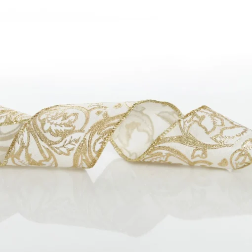 White Linen with Gold Glitter Floral Pattern Ribbon - 6.5cm Ribbons|