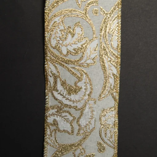White Linen with Gold Glitter Floral Pattern Ribbon - 6.5cm Ribbons|