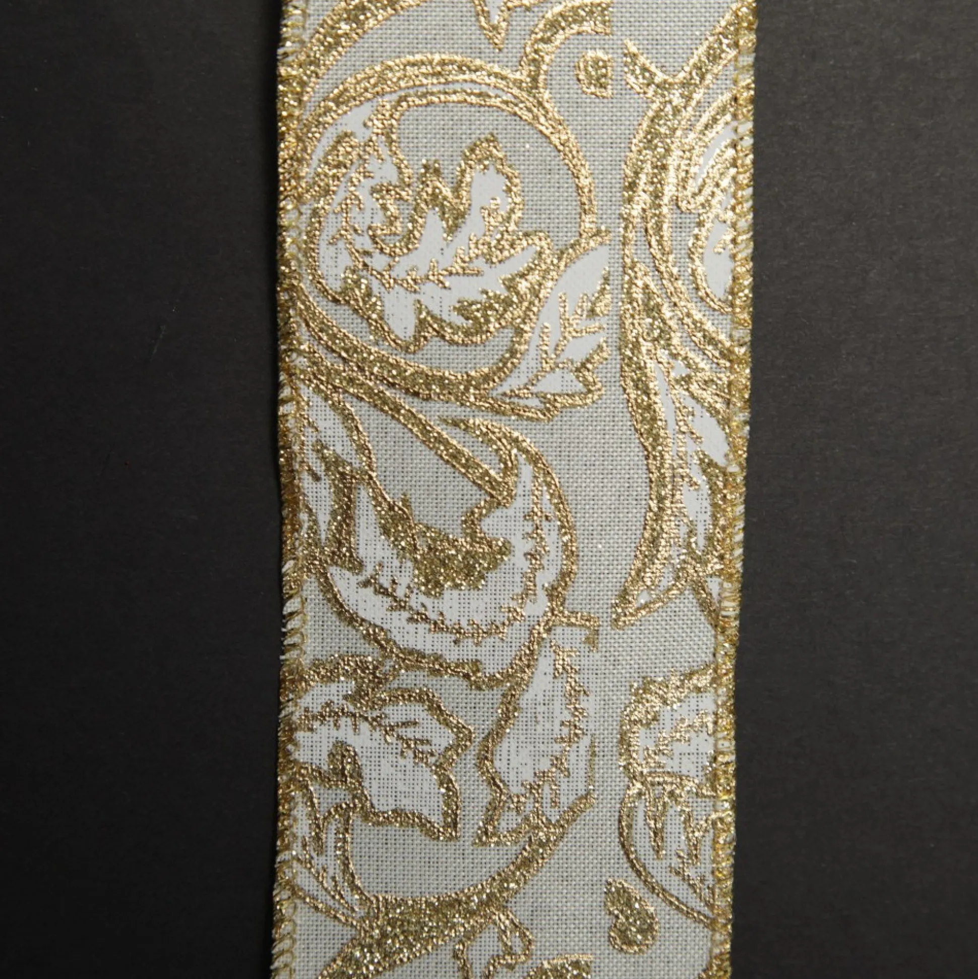 White Linen with Gold Glitter Floral Pattern Ribbon - 6.5cm Ribbons|