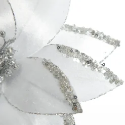 White Satin Flower Stem with Silver Sequin Tips Christmas Flowers|